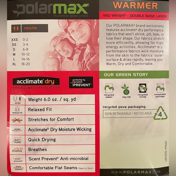 Polarmax base layers, black, includes long sleeve top & pants, youth small (6-8) - Picture 4 of 4